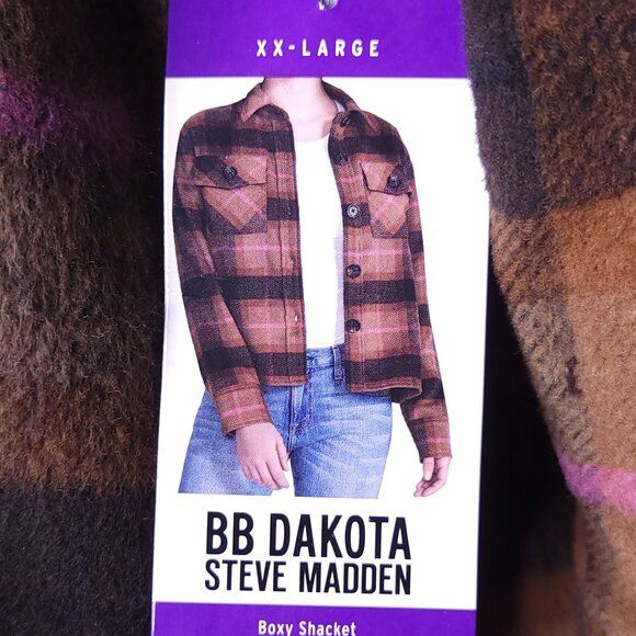 BB Dakota Steve Madden Womens Shacket XL Brown & Pink Plaid Boxy Long Sleeve - Picture 5 of 6
